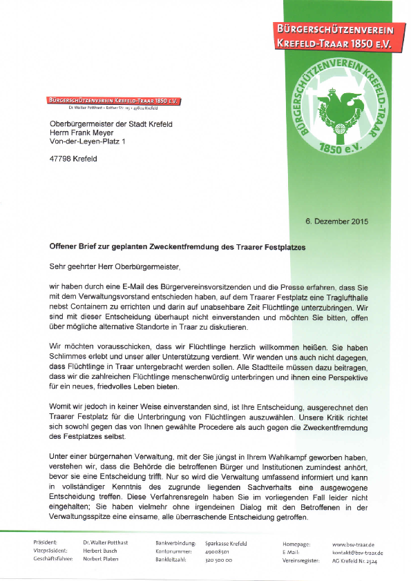 Bürgerschützenverein Krefeld Traar 1850 Ev Offener Brief Zur